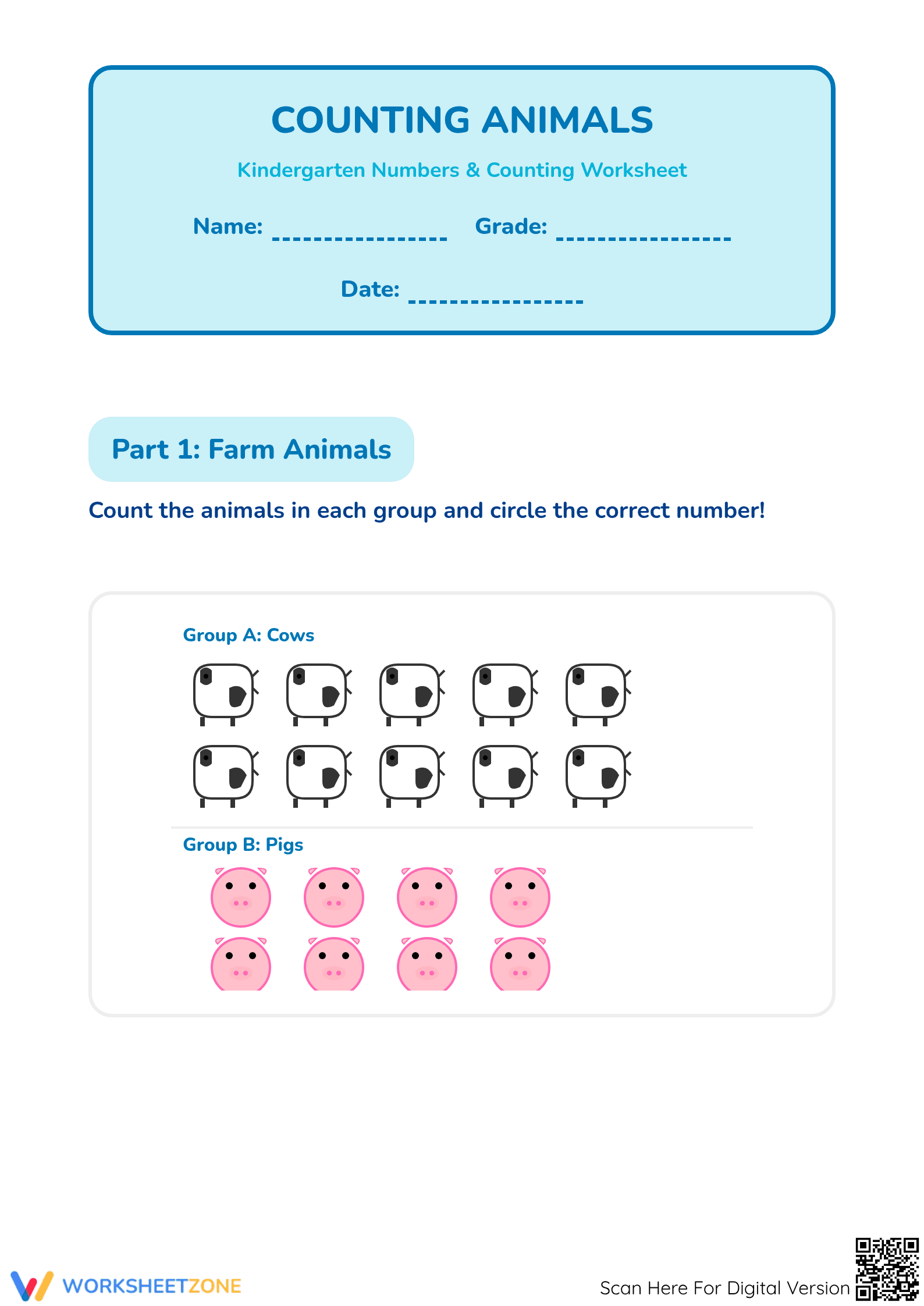 Essential Animal Counting Worksheet | Kindergarten Math - Page 1