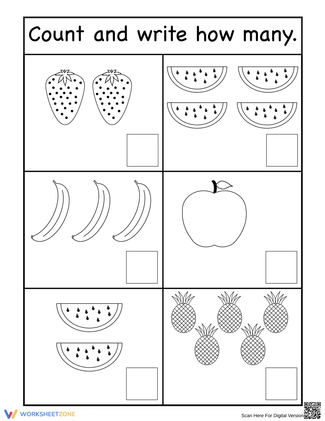 Fruit Counting Worksheet: Count and Write the Numbers - Page 1