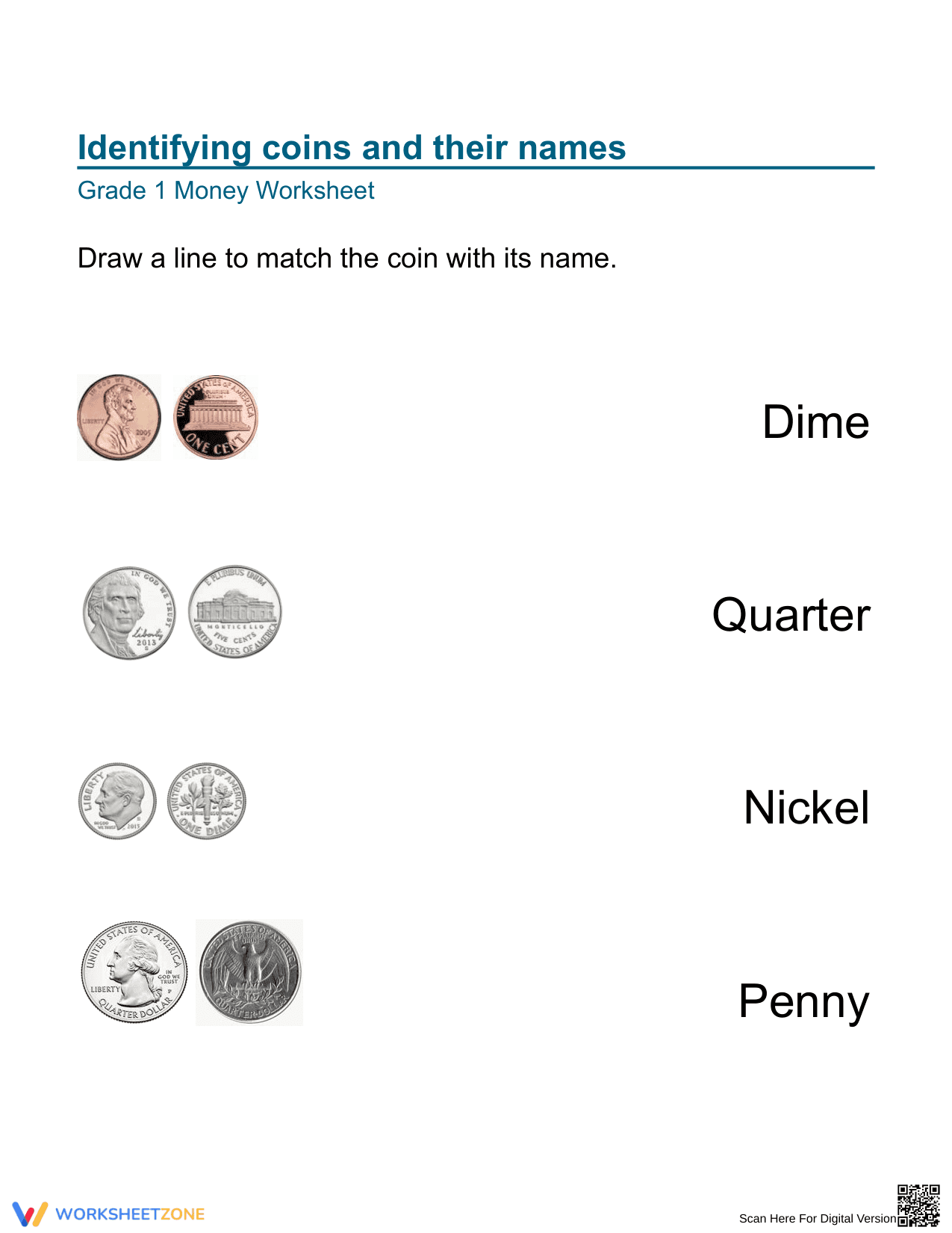 Grade 1 Coin Identification — Printable No-Prep Worksheet - Page 1