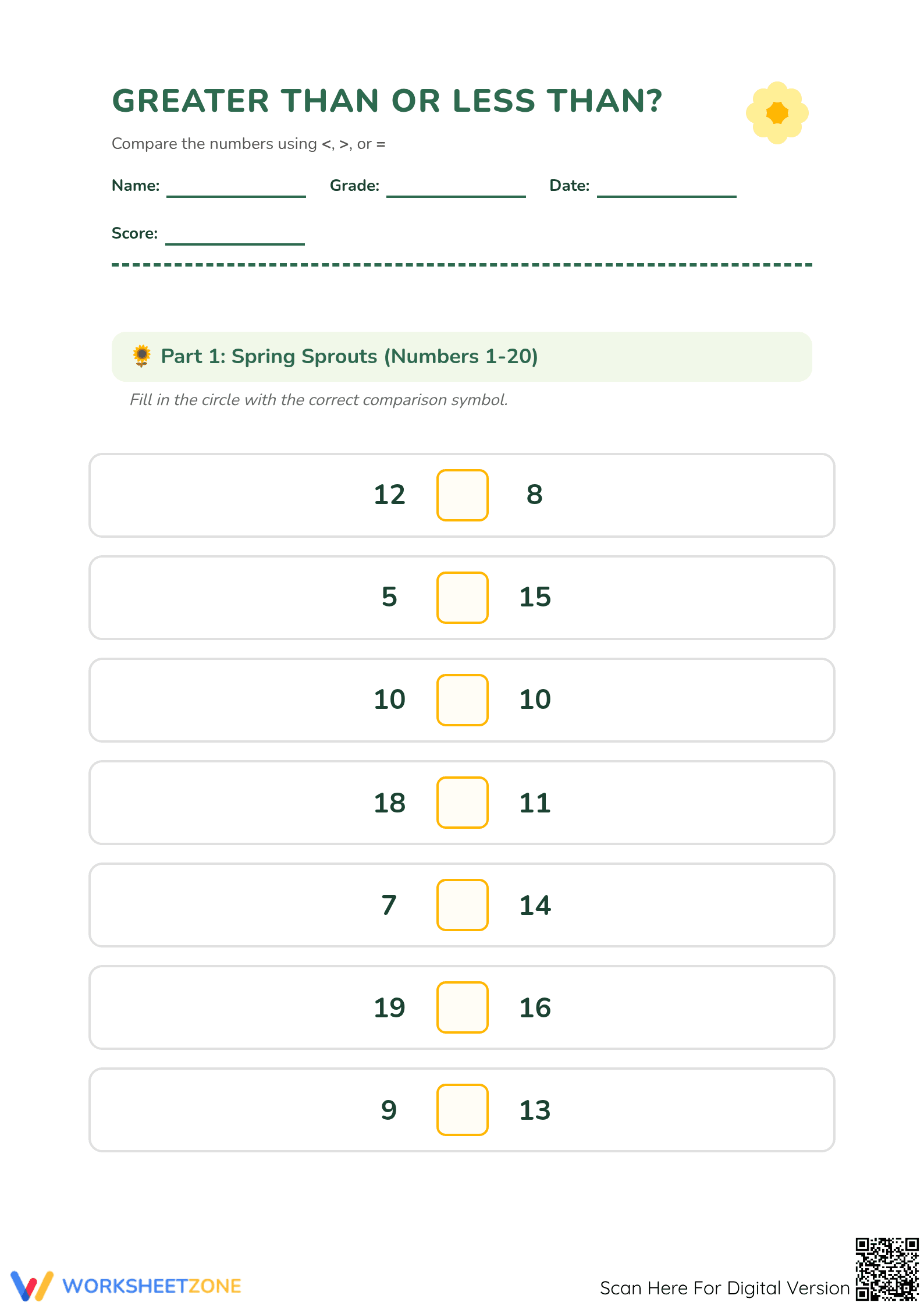 Printable Greater Than Less Than Worksheet | Grade 1 Math - Page 1