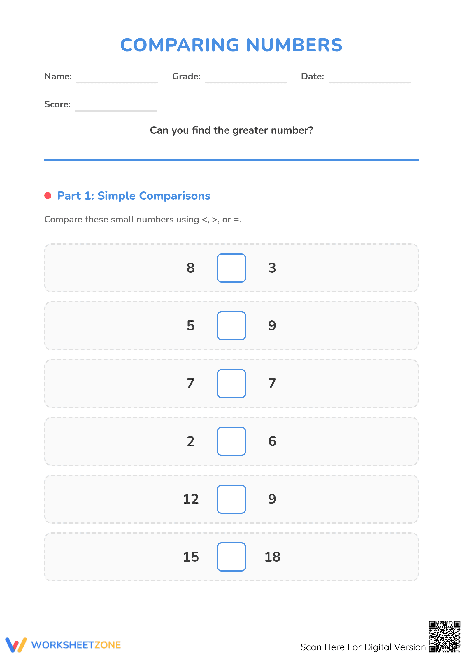 Essential Comparing Numbers Worksheet | Grade 1-2 Math - Page 1