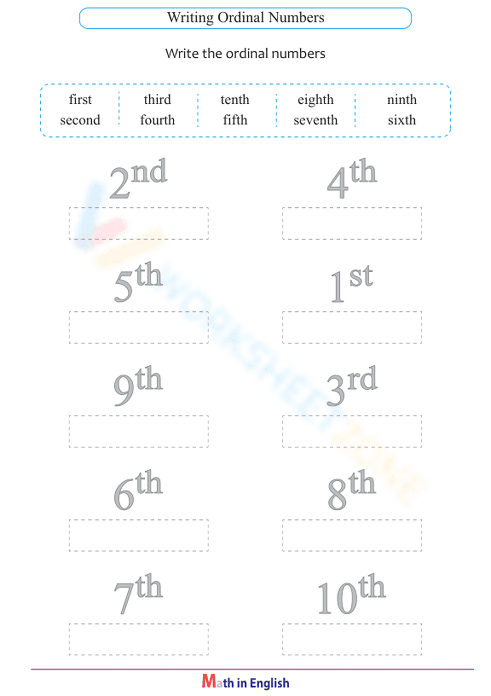 Spelling Ordinals Practice Worksheet - Page 1