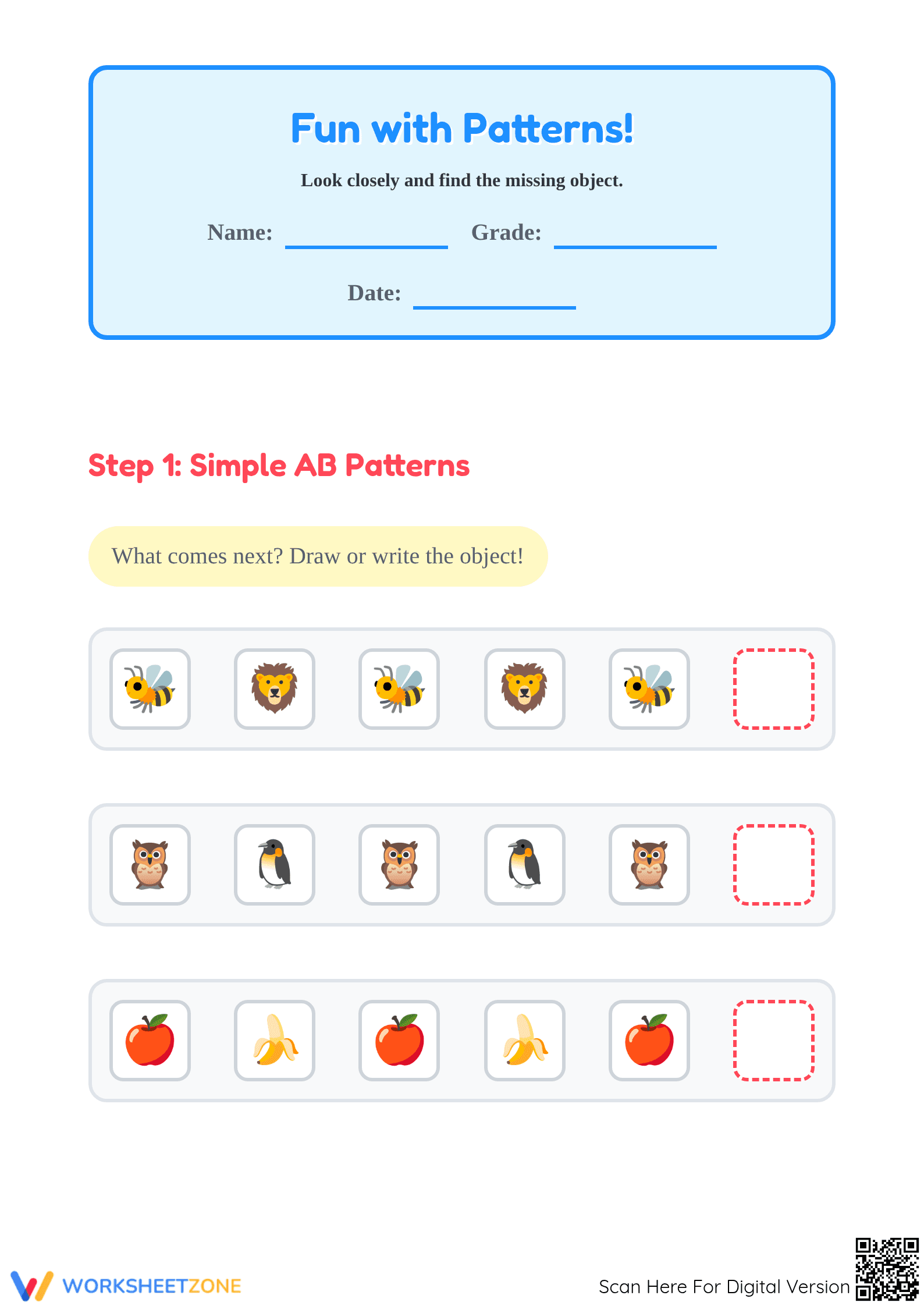 Essential Object Pattern Worksheet | Grade 1 Printable - Page 1