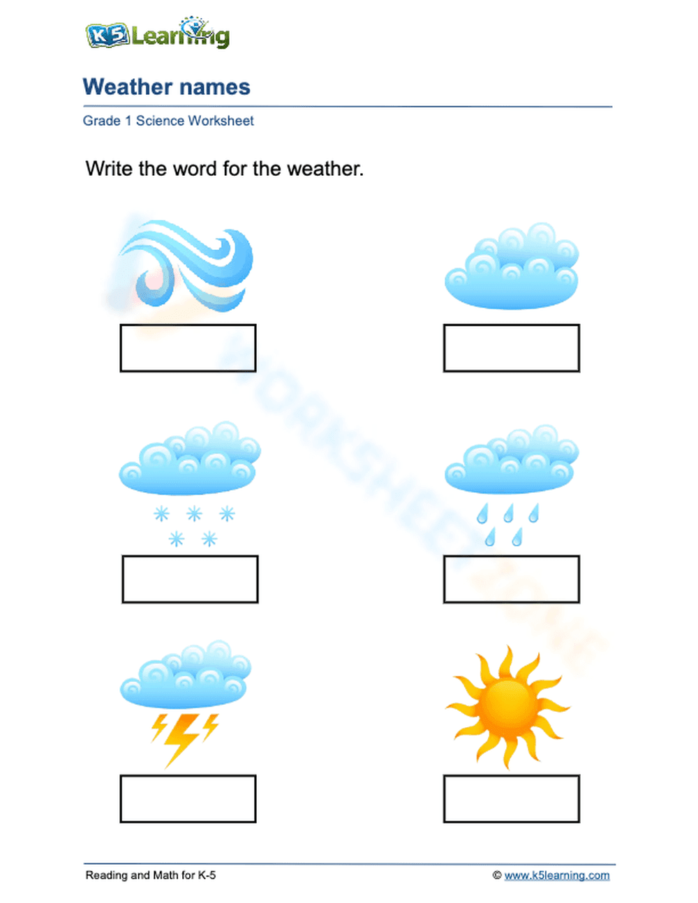 Grade 1 Weather Types — Essential No-Prep Worksheet - Page 1