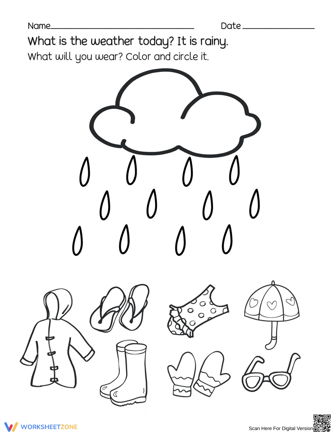 Essential Rainy Day Clothing Worksheet: Kindergarten Science - Page 1