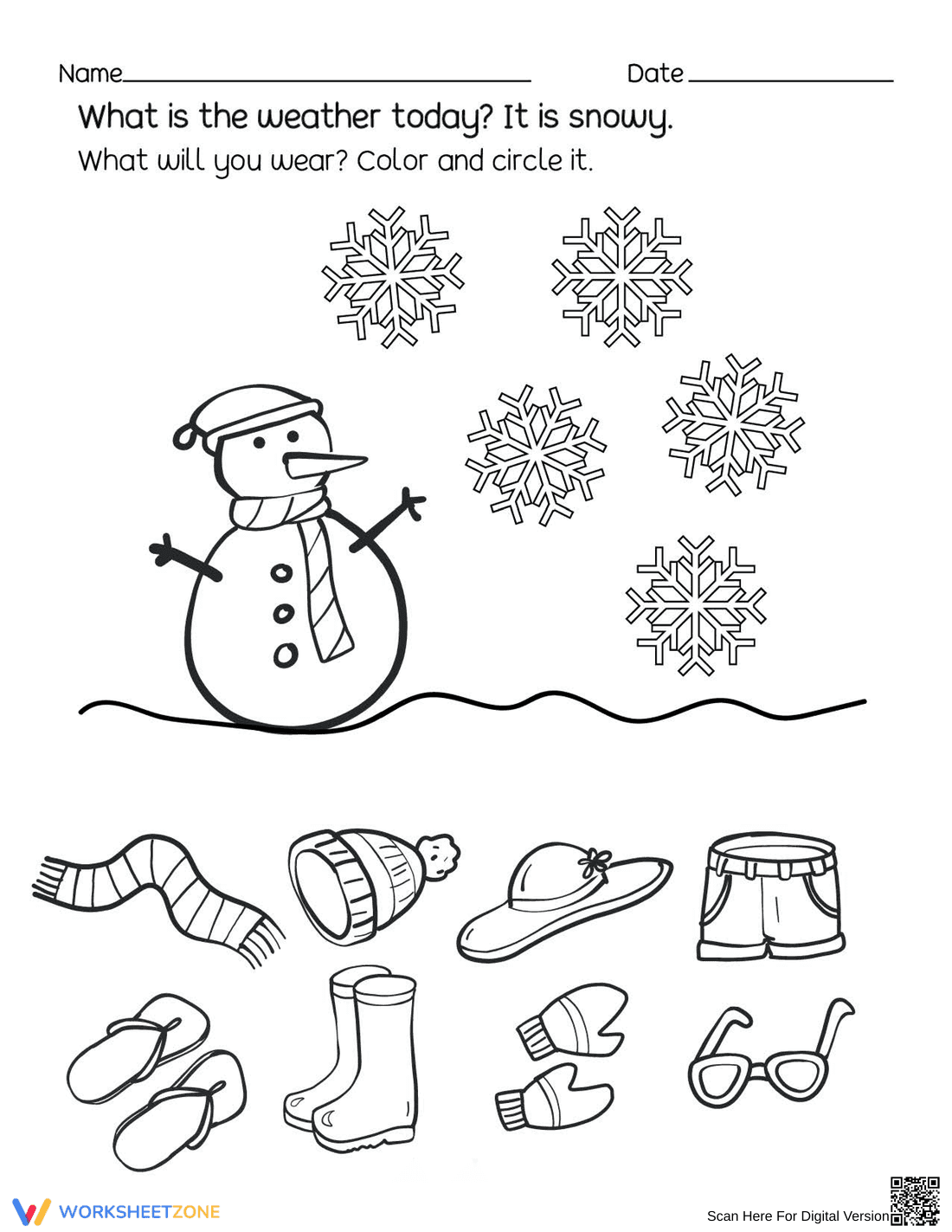 Printable Snowy Weather Clothing Worksheet | Kindergarten - Page 1