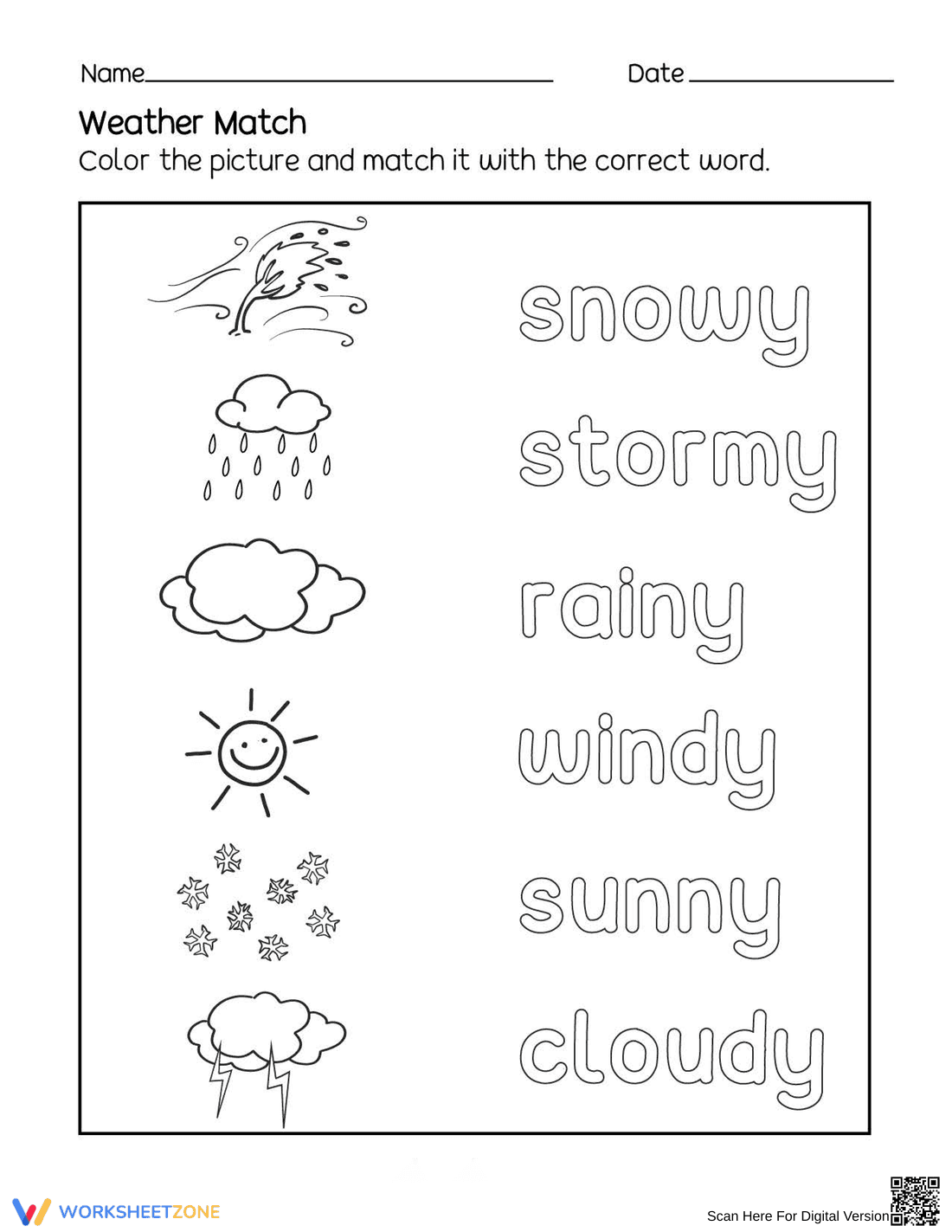 Essential Weather Match Worksheet | Kindergarten Science - Page 1