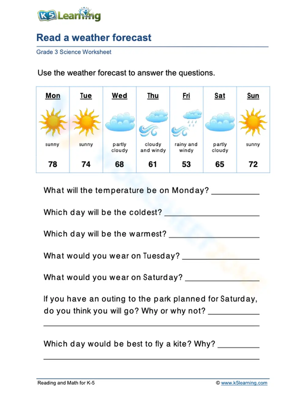 Grade 2 Weather Forecast — Printable No-Prep Worksheet - Page 1