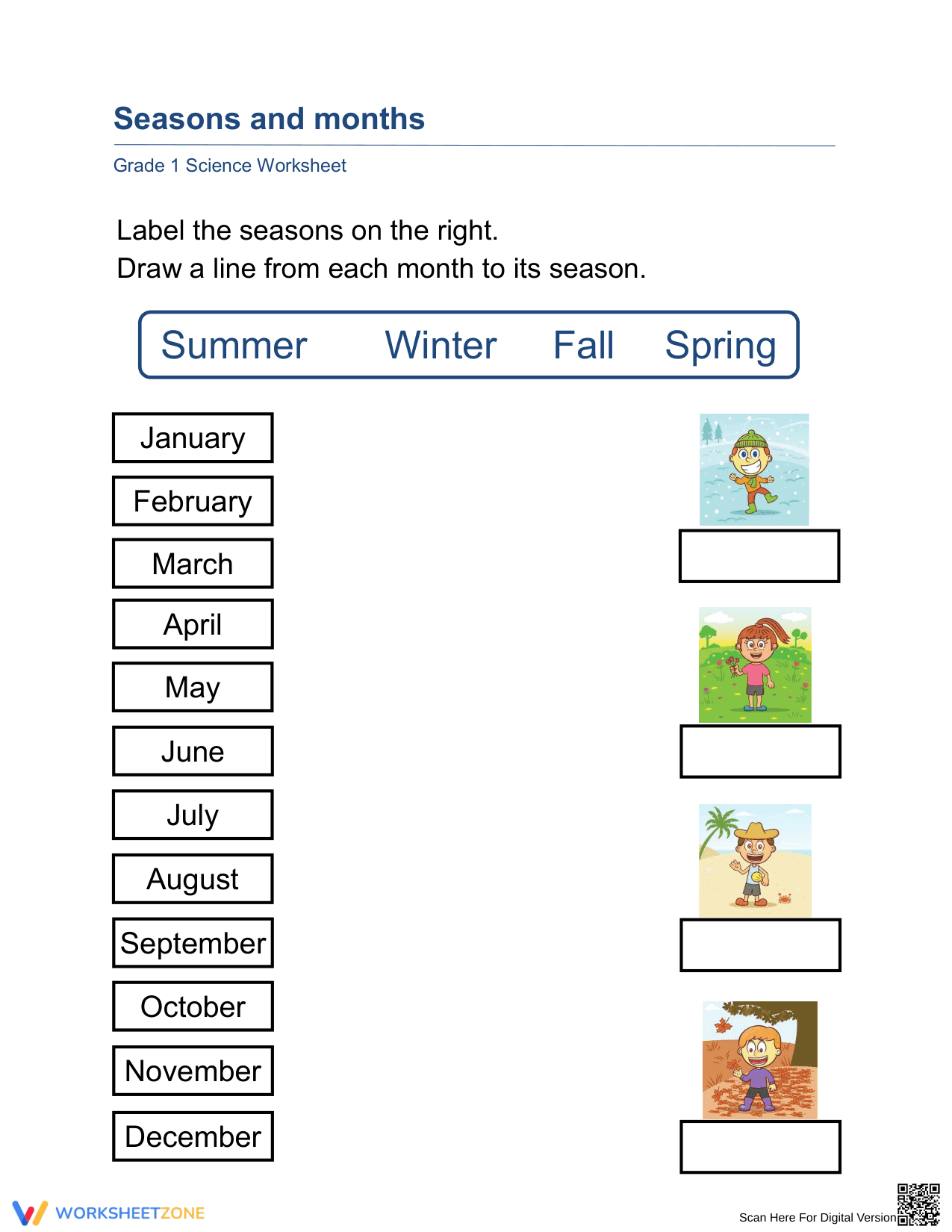 Essential Grade 1 Seasons and Months Matching Worksheet - Page 1