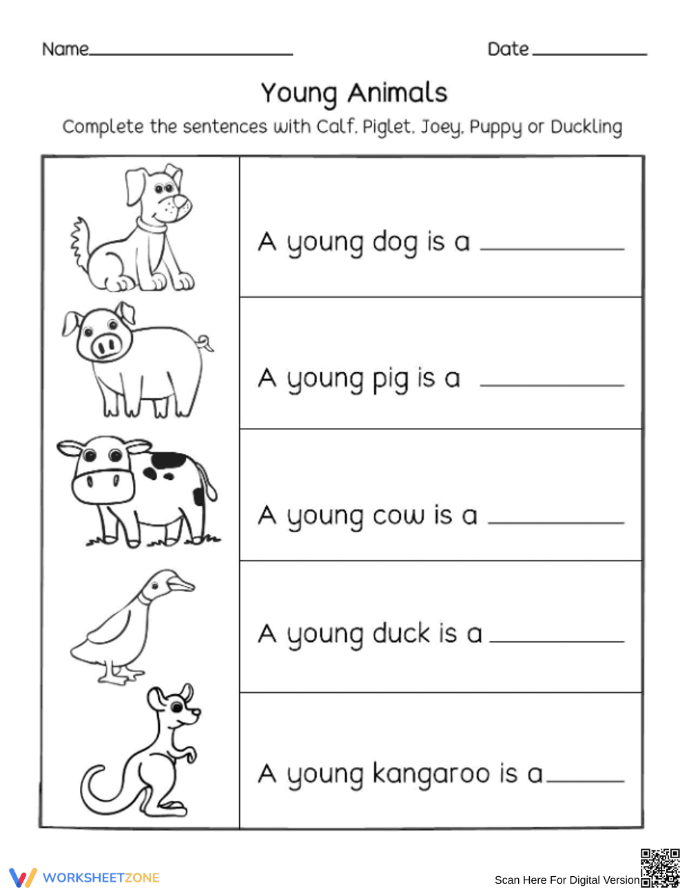 Preschool Young Animals — Printable No-Prep Worksheet - Page 1