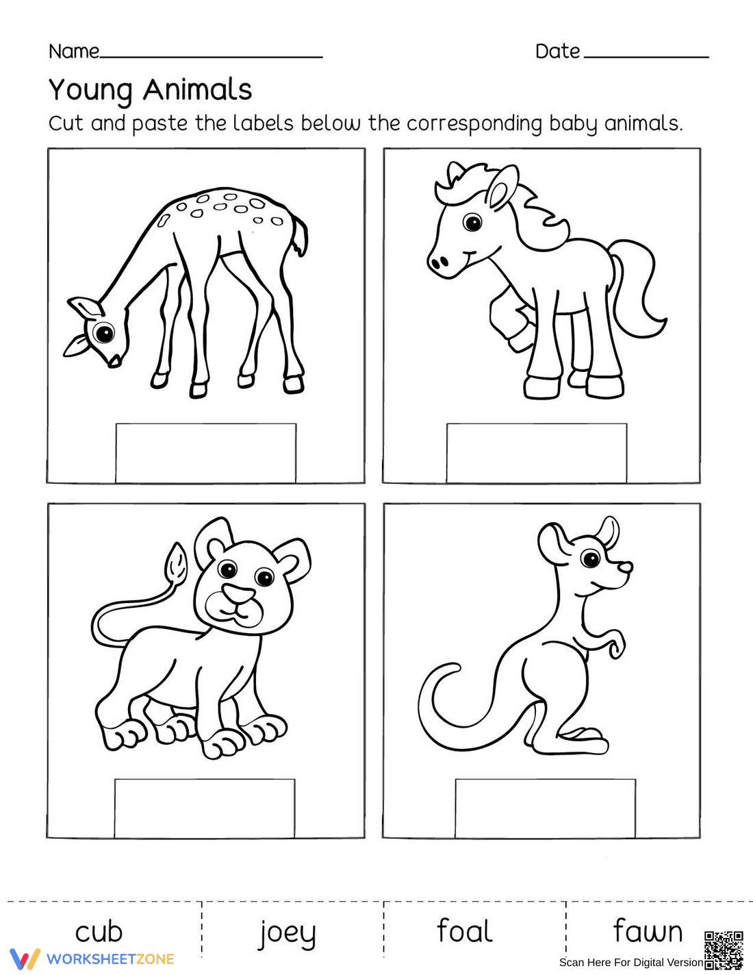 Grade K Young Animals — Printable No-Prep Worksheet - Page 1