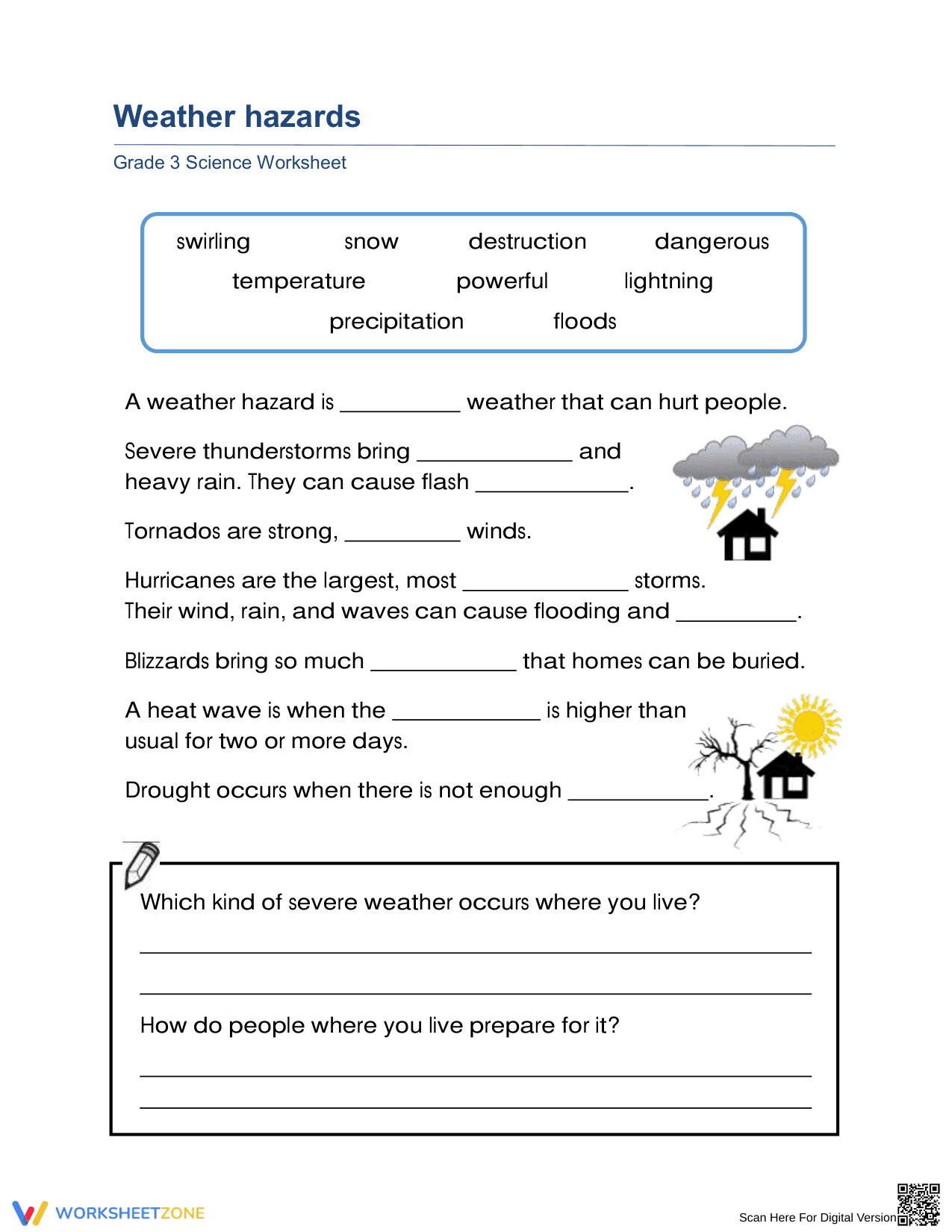 Essential Grade 3 Weather Hazards Science Worksheet - Page 1