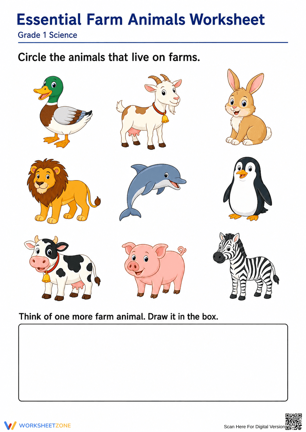 Grade 1 Farm Animals — Printable No-Prep Worksheet - Page 1