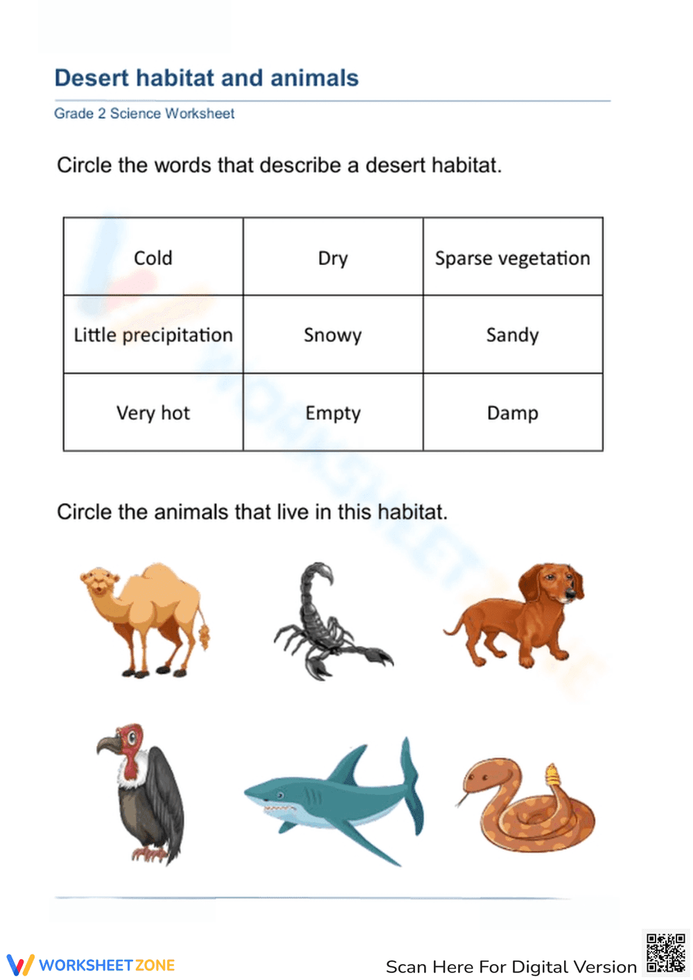 Essential Desert Habitat & Animals Worksheet | Grade 2 - Page 1