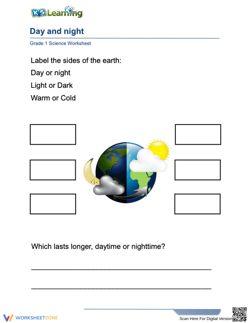 Complete Day and Night Science Worksheet — Kindergarten - Page 1
