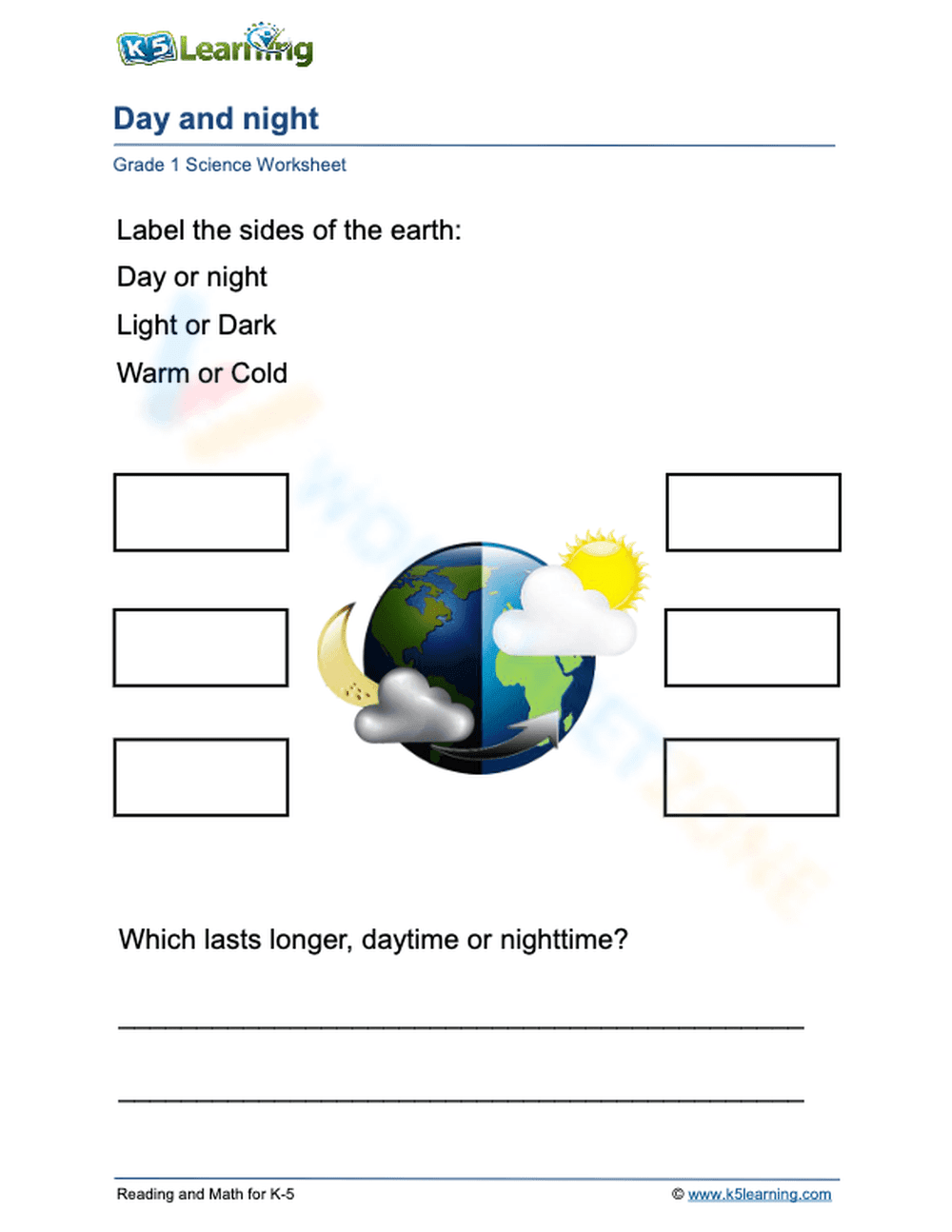 Complete Day and Night Science Worksheet — Kindergarten - Page 1