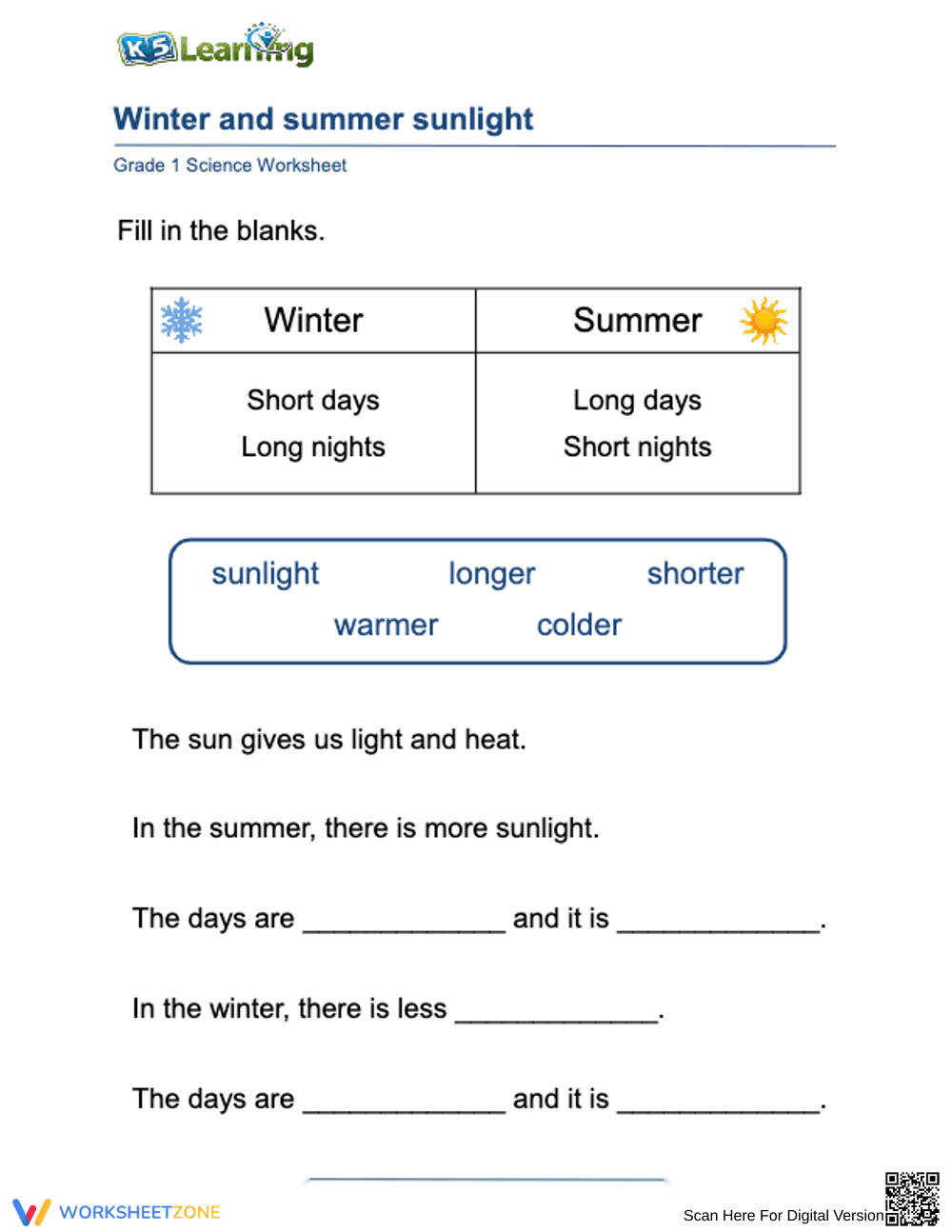 Grade 1 Seasonal Sunlight — Printable No-Prep Worksheet - Page 1