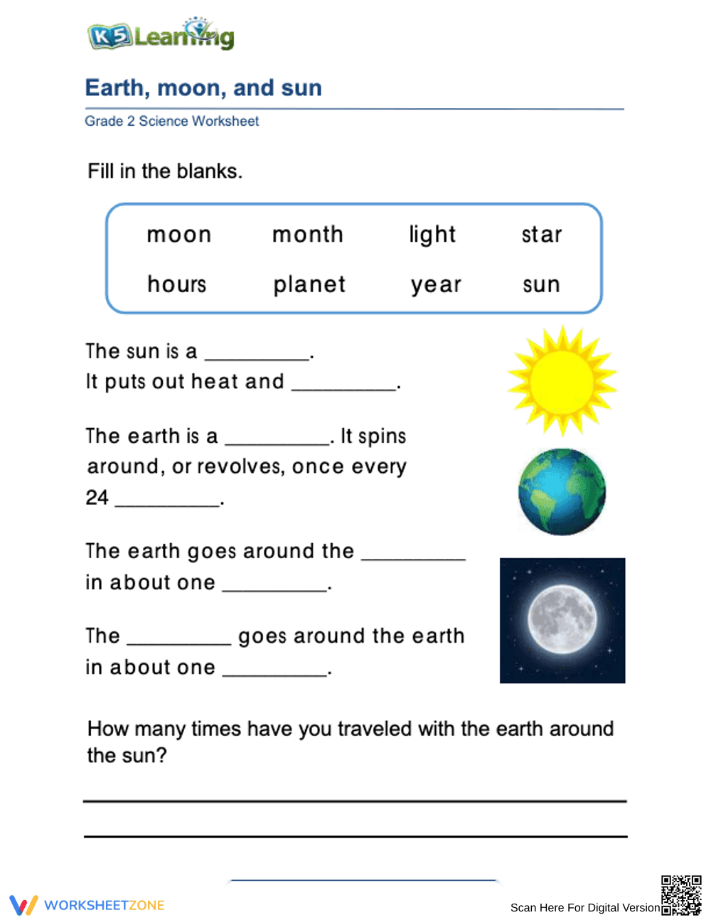 Essential Earth, Moon, and Sun Worksheet | Grade 2 Science - Page 1