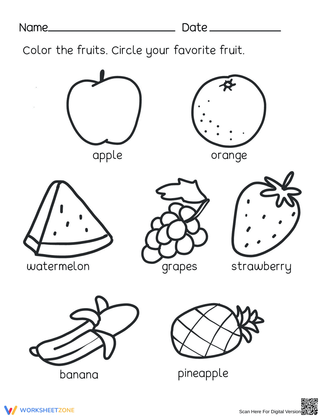 Printable Favorite Fruit Coloring Worksheet | Kindergarten - Page 1