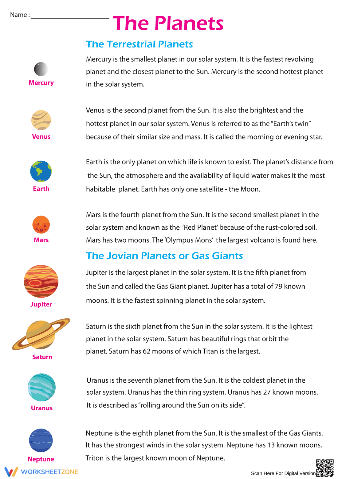 Explore Planet Facts Worksheet - Page 1