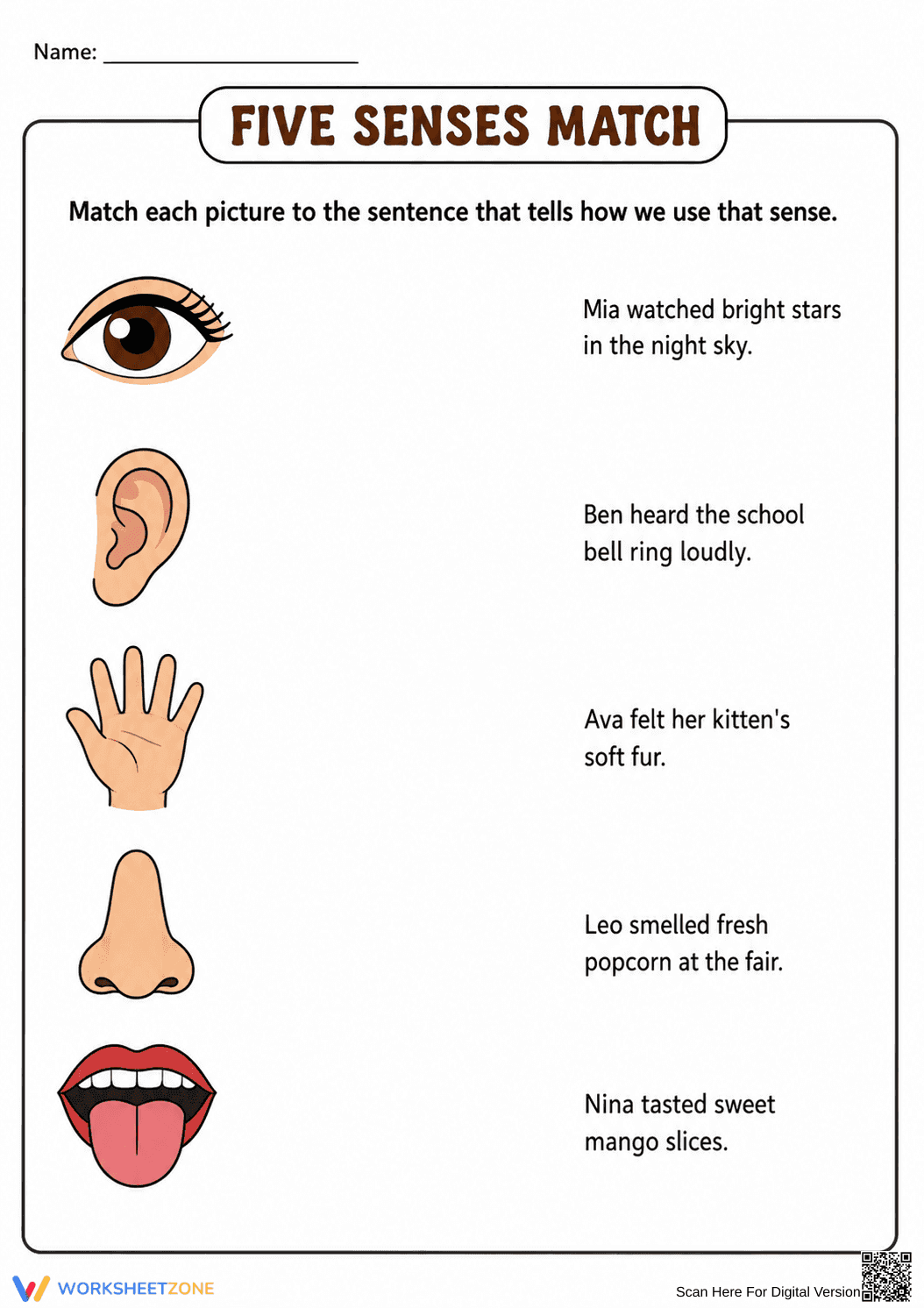Grade 1 Five Senses — Printable No-Prep Worksheet - Page 1
