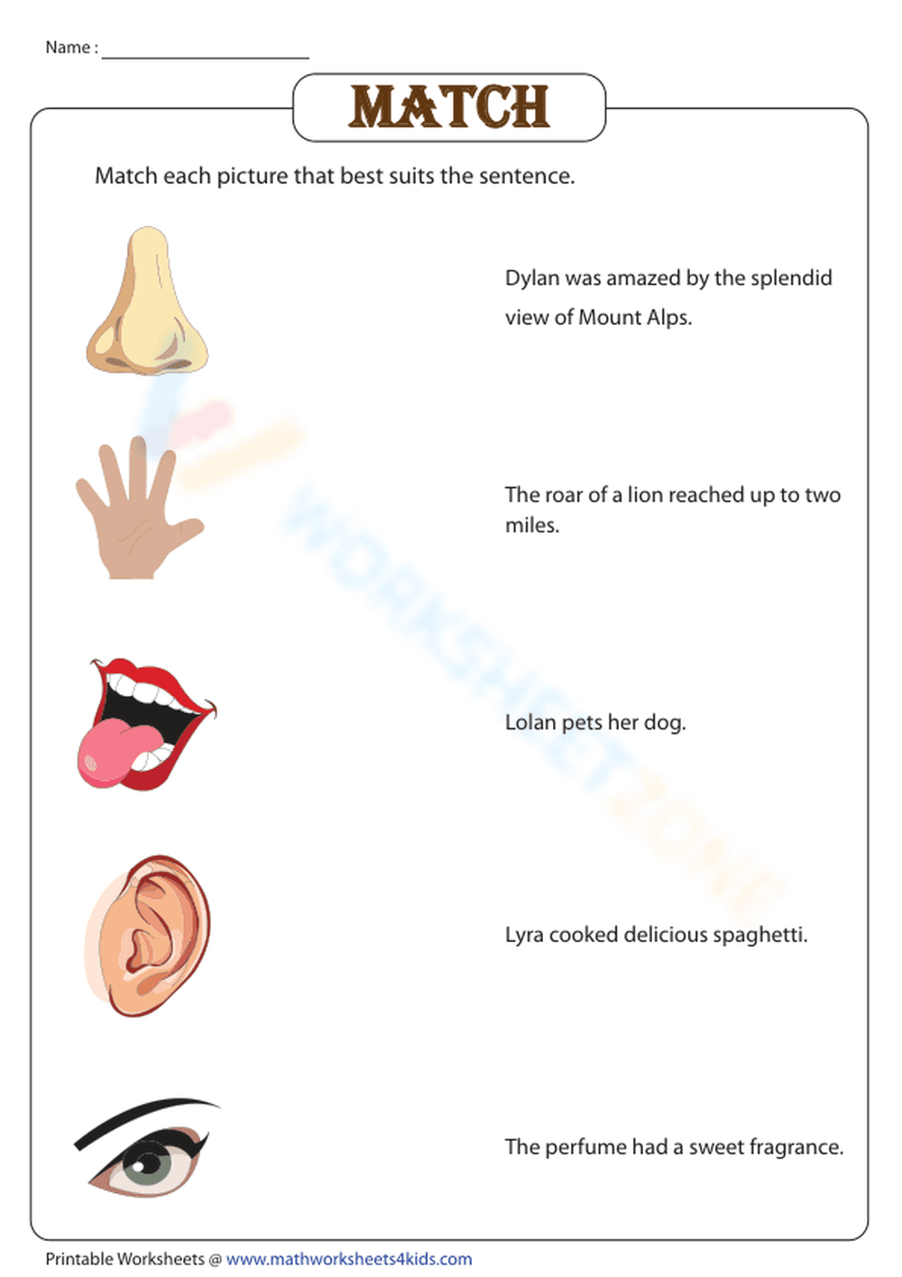 Printable Five Senses Matching Worksheet | Grade K-2 Science - Page 1