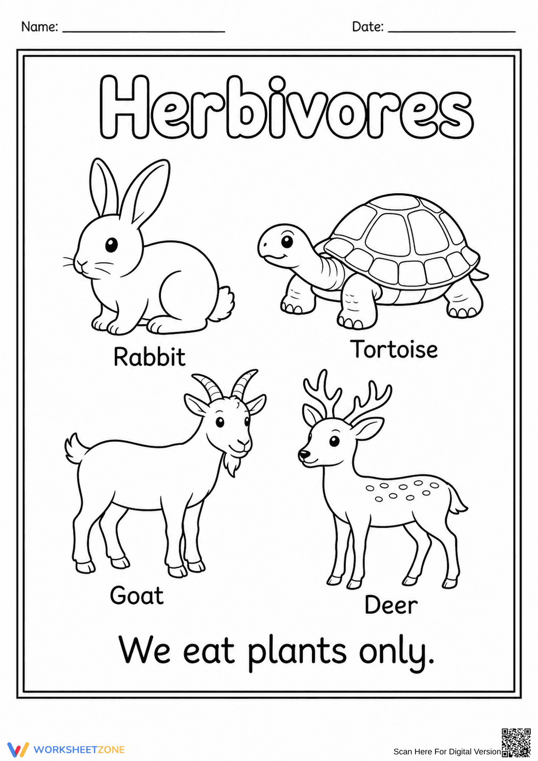 Grade K Herbivores — Printable No-Prep Worksheet - Page 1