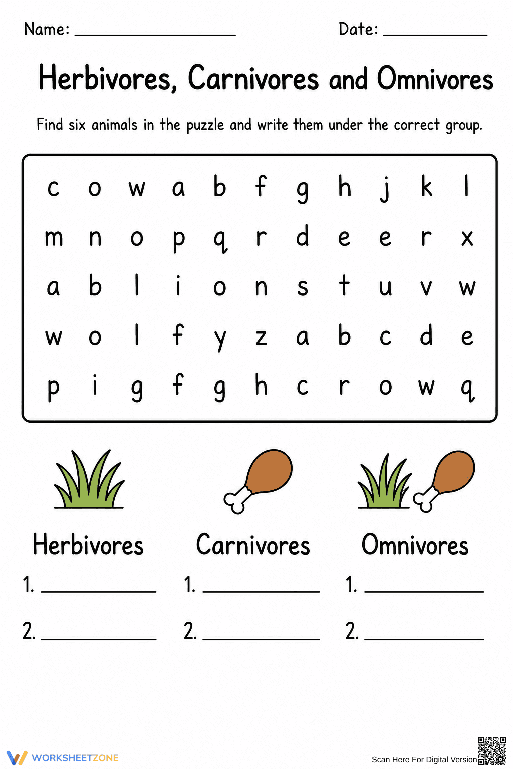 Grade 1 Animal Diets — Printable No-Prep Worksheet - Page 1