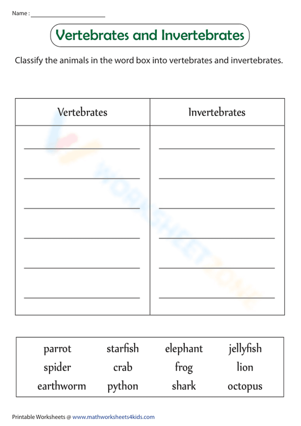 Printable Vertebrates and Invertebrates Classification Guide - Page 1