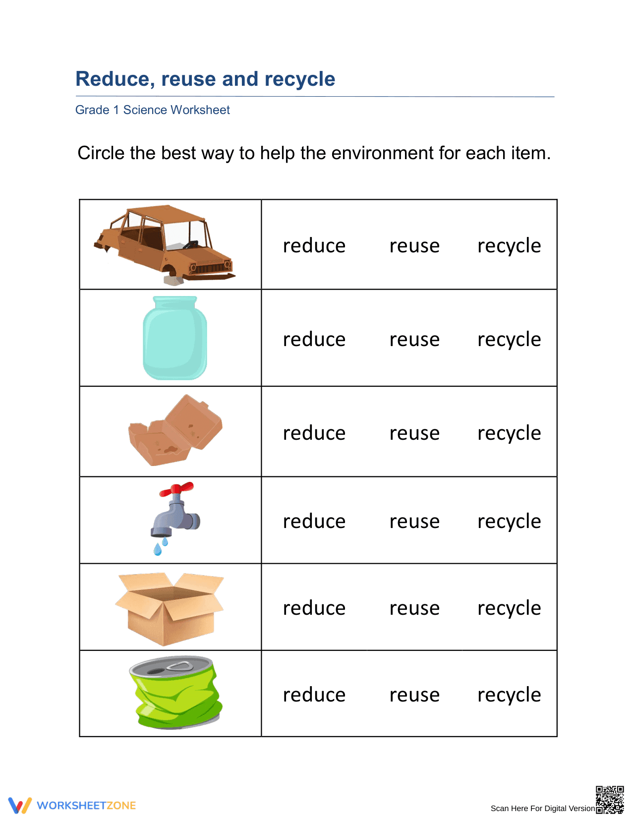 Grade 1 Reduce, Reuse, Recycle — Essential Worksheet - Page 1