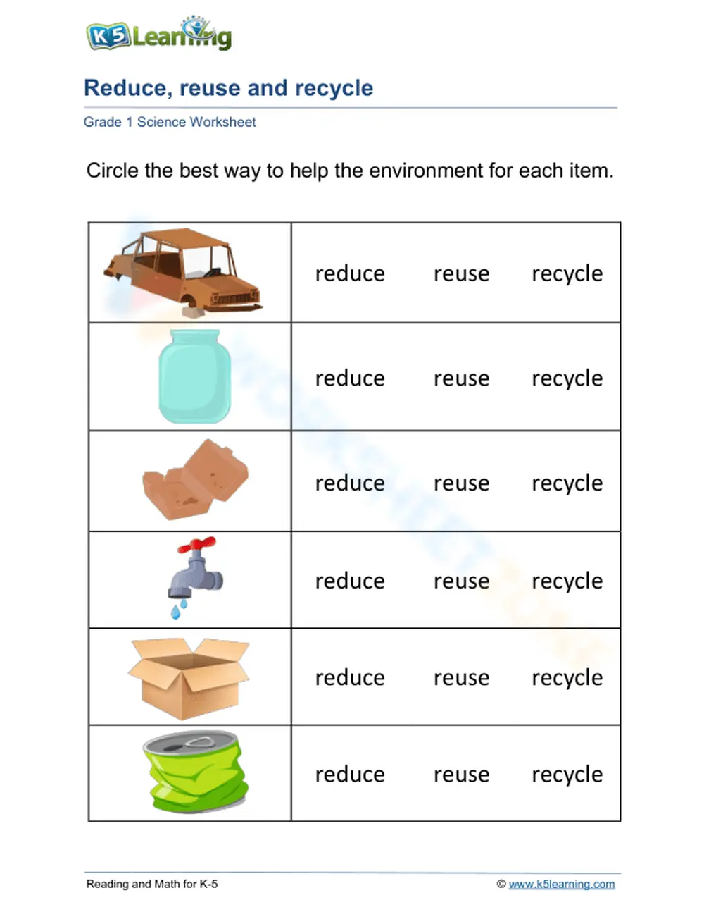 Grade 1 Reduce, Reuse, Recycle — Essential Worksheet - Page 1
