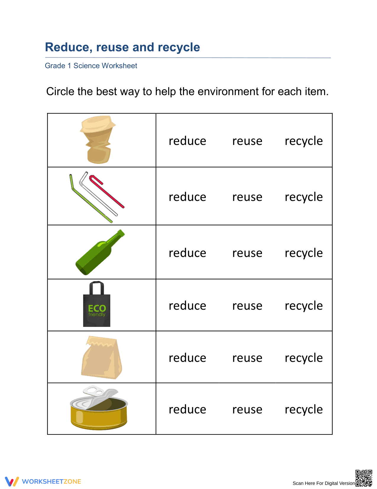 Grade 1 Reduce Reuse Recycle — Printable No-Prep Worksheet - Page 1
