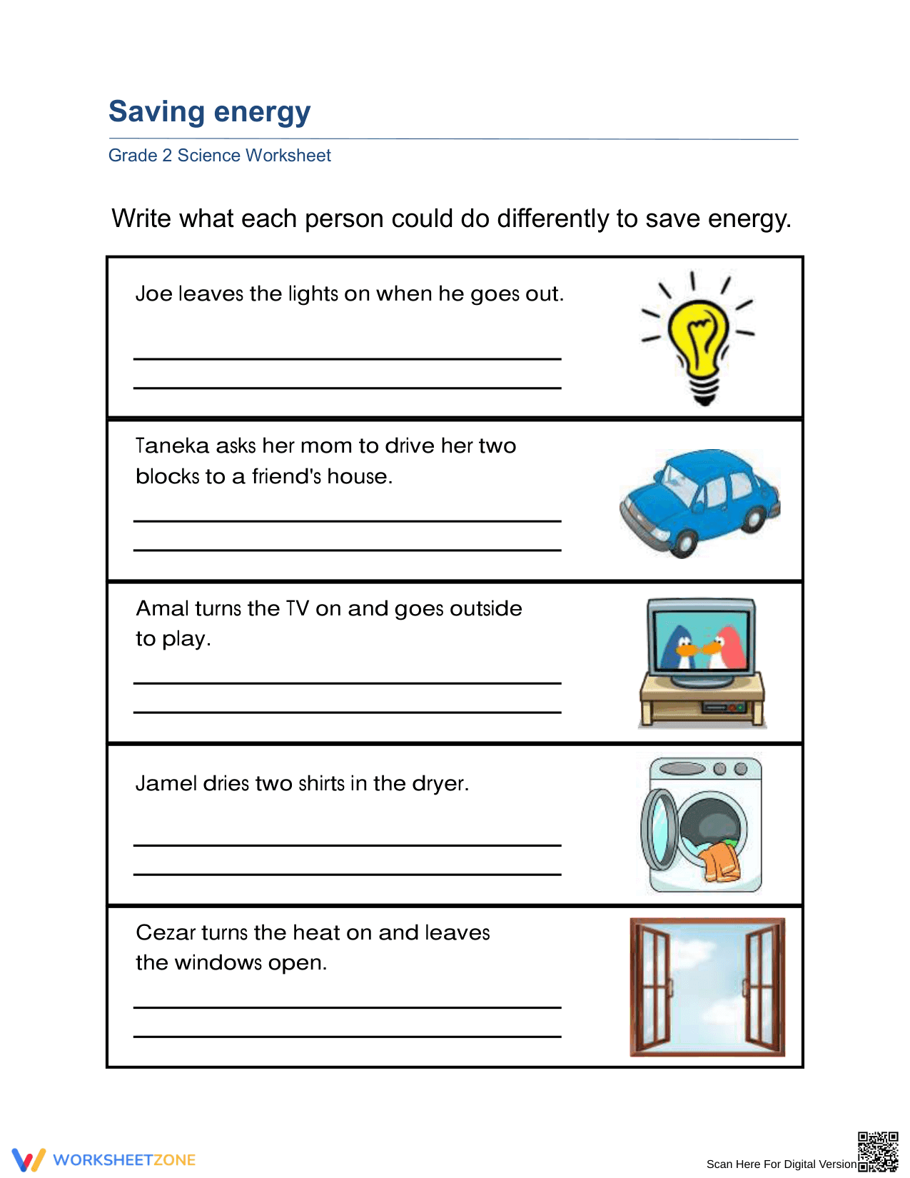 Grade 2 Saving Energy — Printable No-Prep Worksheet - Page 1