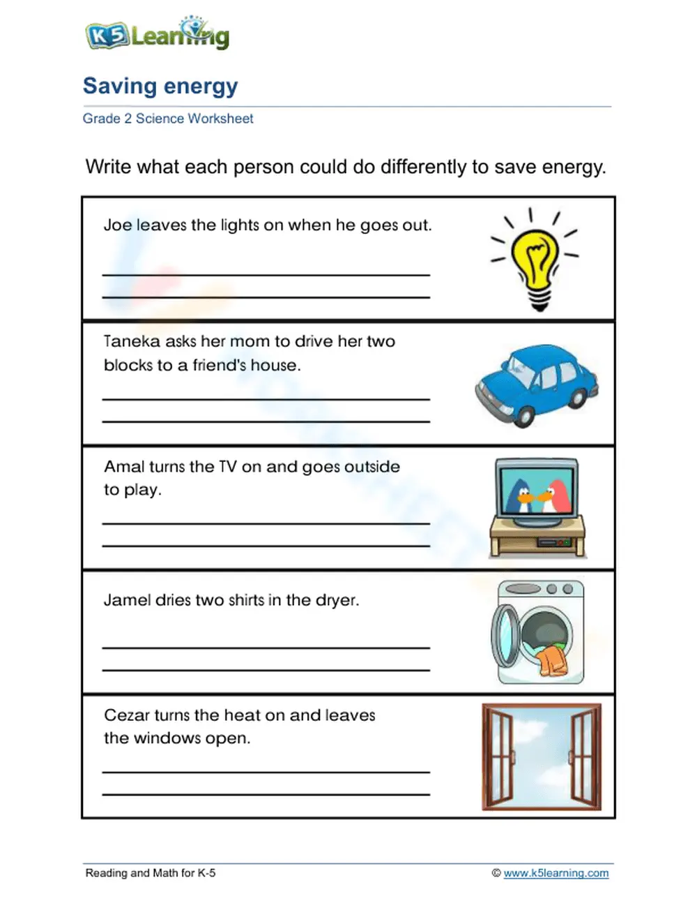 Grade 2 Saving Energy — Printable No-Prep Worksheet - Page 1