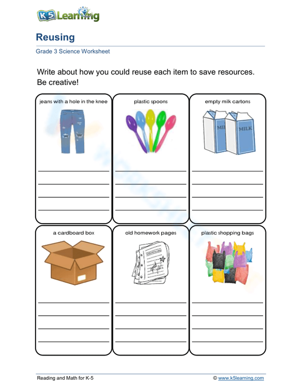 Grade 3 Reusing Items — Essential No-Prep Worksheet - Page 1