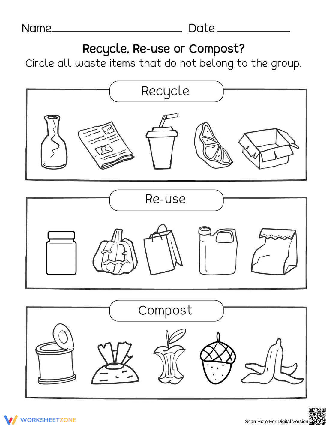 Grade 1-3 Waste Sorting — Essential No-Prep Worksheet - Page 1
