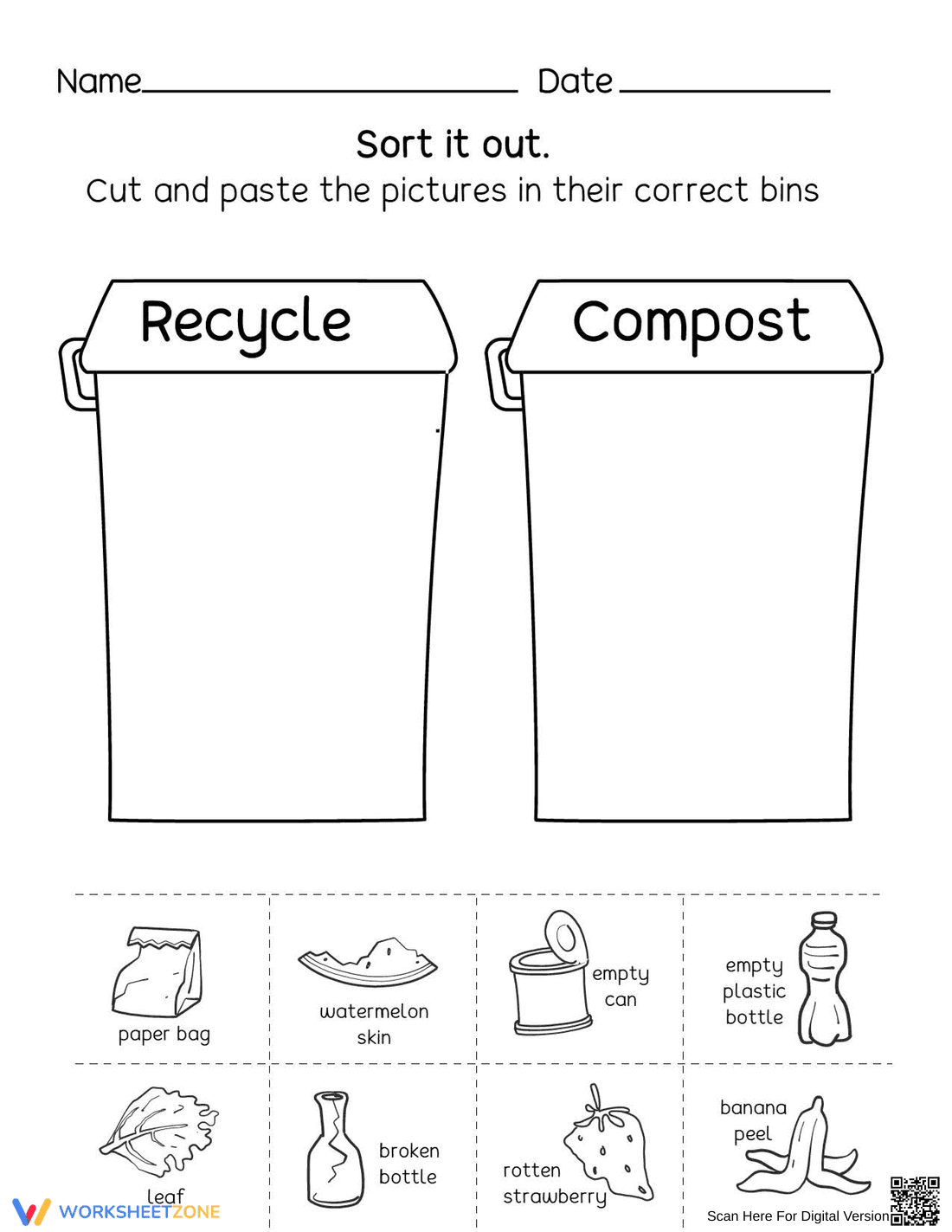 Essential Recycling & Compost Sort Worksheet | Grades 1-3 - Page 1
