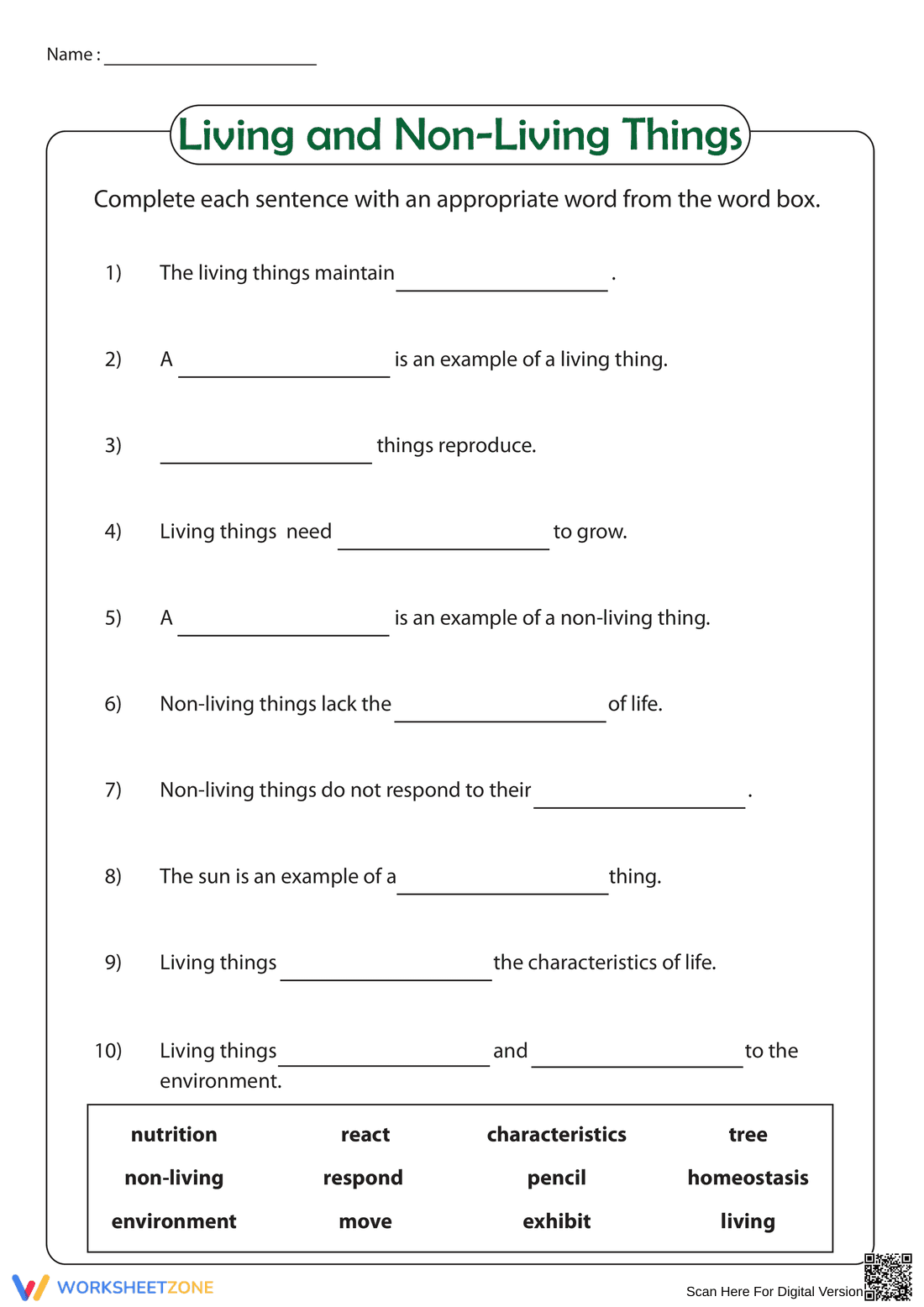 Essential Living and Non-Living Things Worksheet | Grade 3 - Page 1