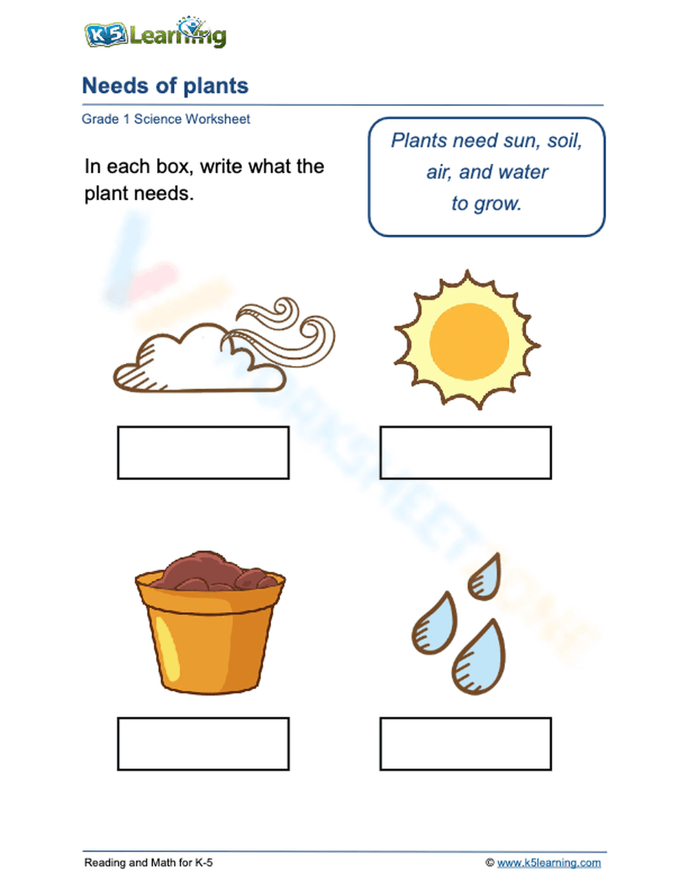 Grade 1 Needs of Plants — Printable No-Prep Worksheet - Page 1