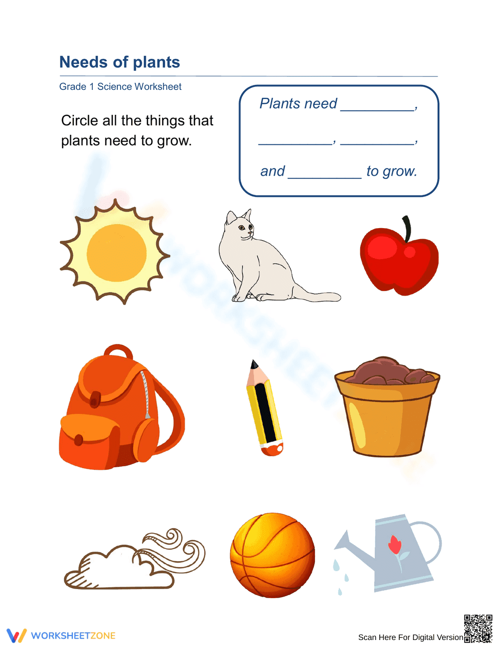 Grade 1 Needs of Plants — Printable No-Prep Worksheet - Page 1