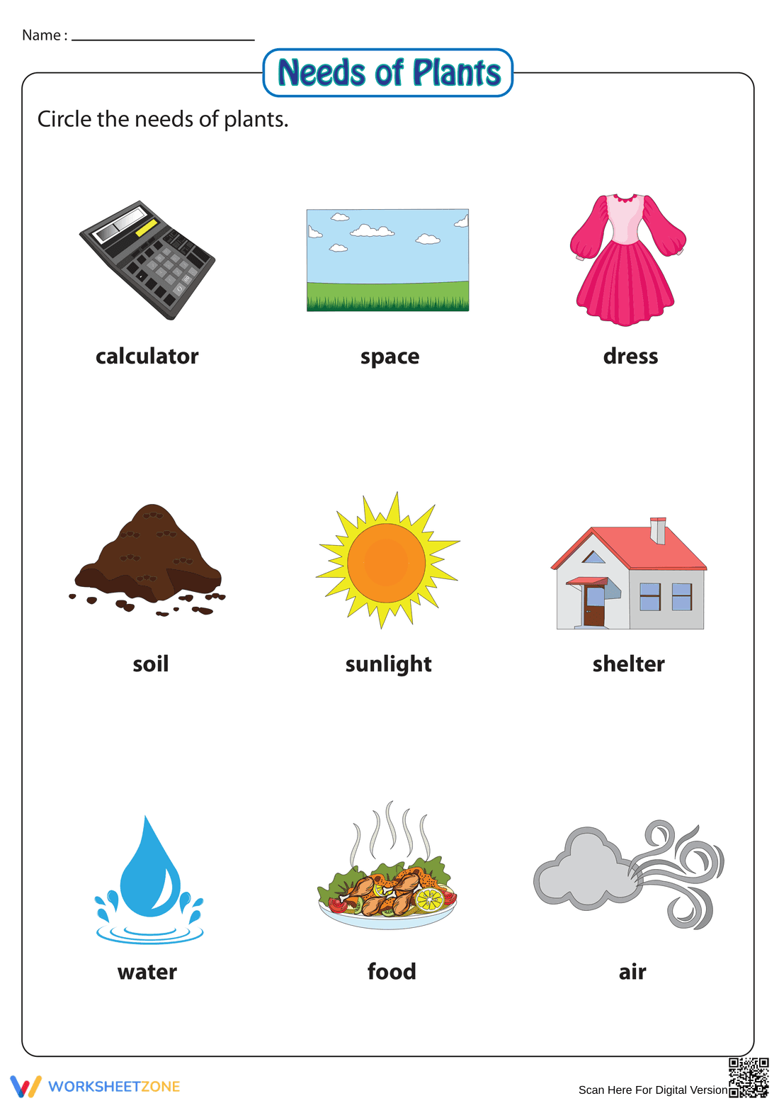 Plant Needs Worksheet for Young Learners - Page 1
