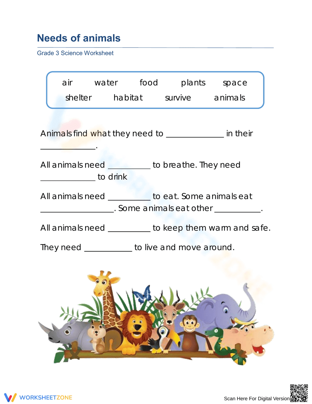 Grade 3 Needs of Animals — Printable No-Prep Worksheet - Page 1