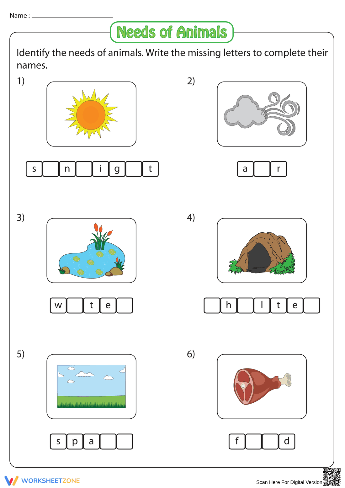 Essential Grade 1 Animal Needs Worksheet: Missing Letters - Page 1