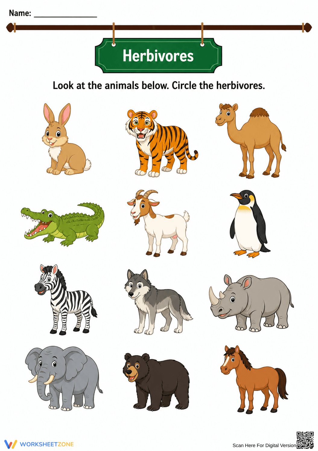 Grade 2-4 Identifying Herbivores — Printable Worksheet - Page 1