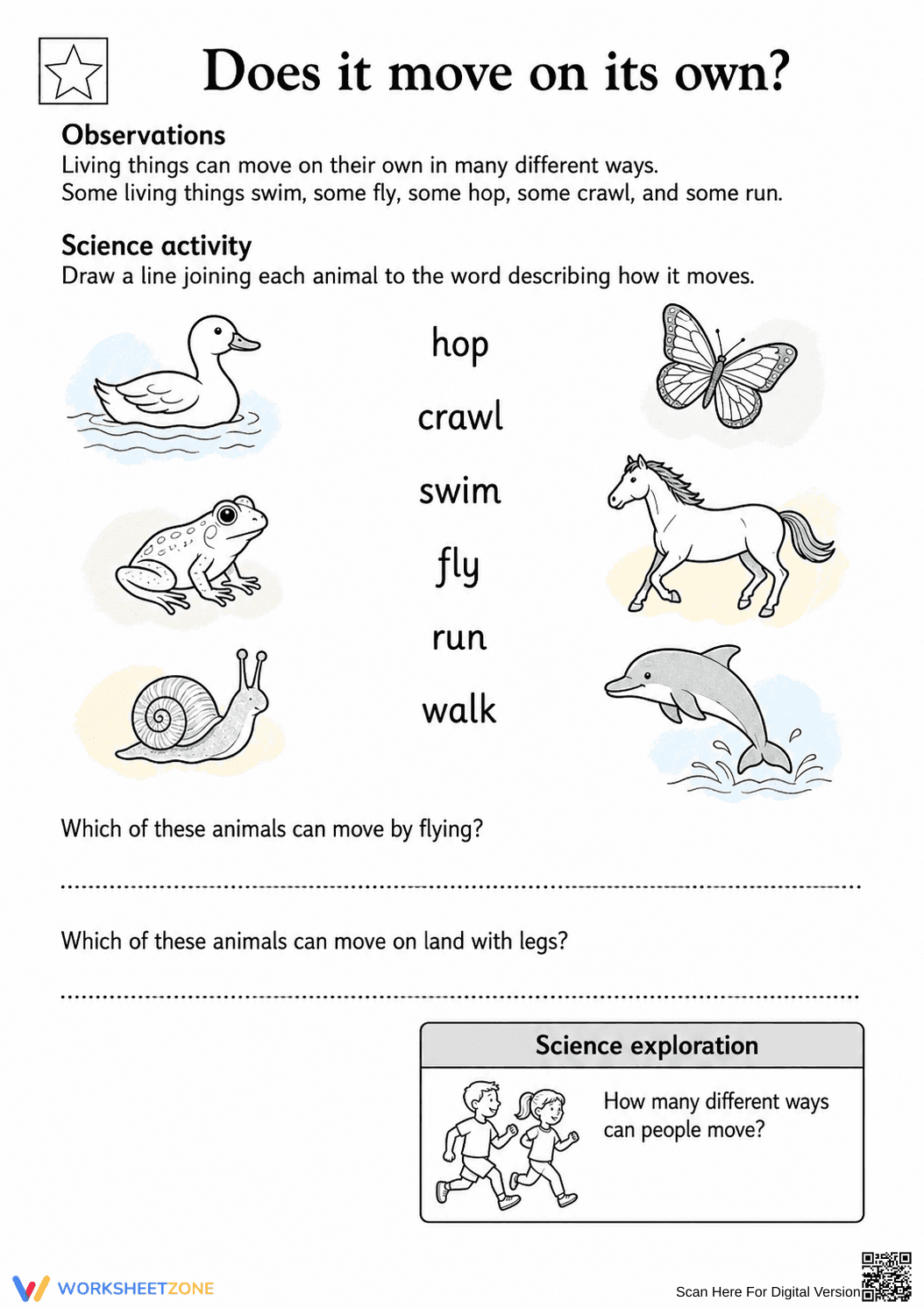 Printable Grade 1 Animal Movement Science Worksheet - Page 1
