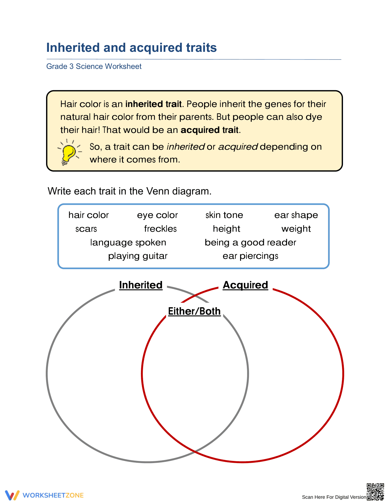 Essential Grade 3 Inherited vs. Acquired Traits Worksheet - Page 1