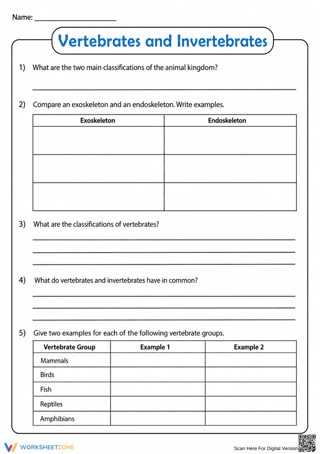 Grade 4 Vertebrates & Invertebrates — Printable Worksheet - Page 1