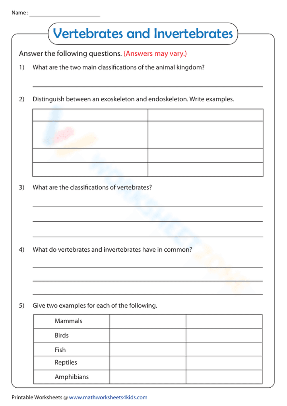 Essential Vertebrates and Invertebrates Worksheet | Grade 4 - Page 1