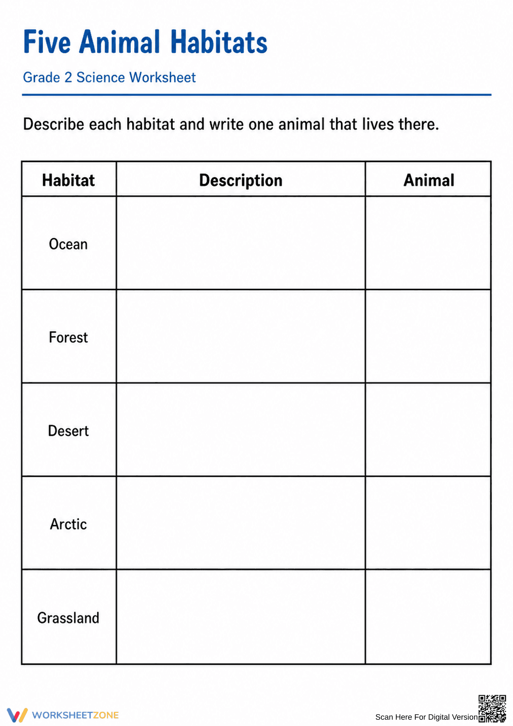 Grade 2 Animal Habitats — Printable No-Prep Worksheet - Page 1