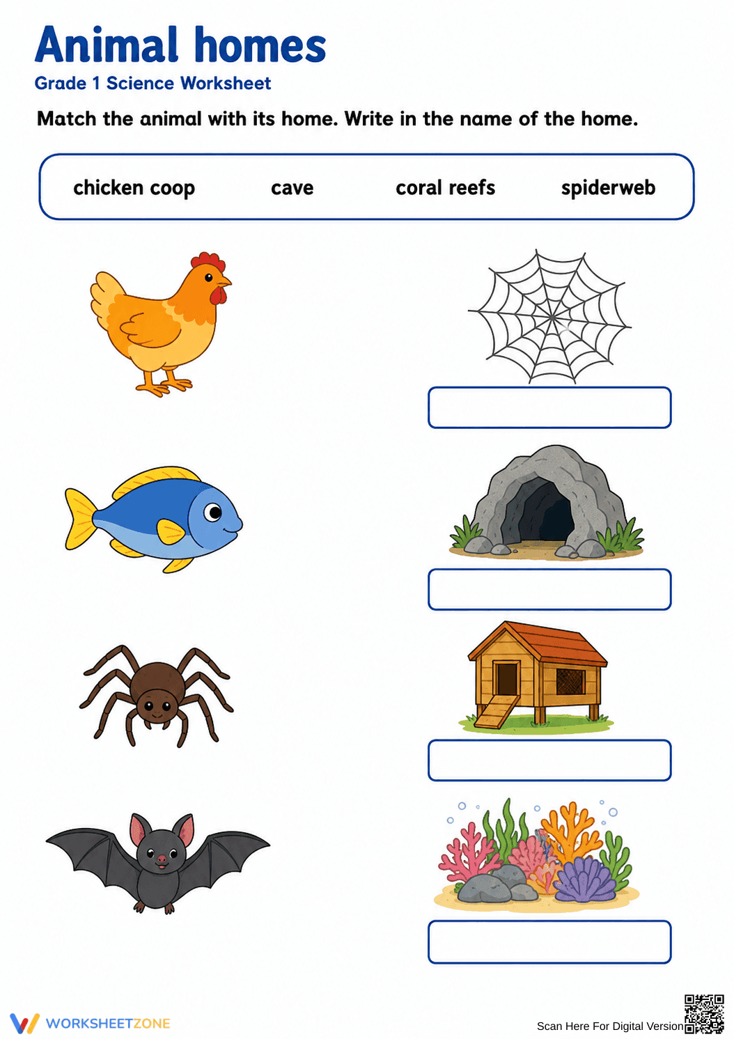 Grade 1 Animal Homes — Printable No-Prep Worksheet - Page 1